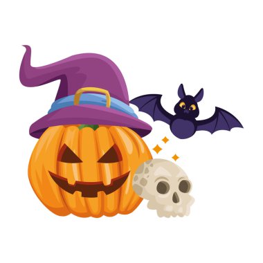 Cadılar bayramı balkabağı, cadı şapkası ve yarasa uçuşuyla