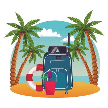Seyahat valizi ve kum kovası olan kumsal renkli tasarım.