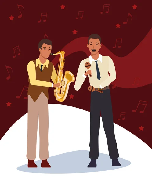 Músico de dibujos animados con maracas y saxofonista, diseño de bandas de música jazz — Archivo Imágenes Vectoriales