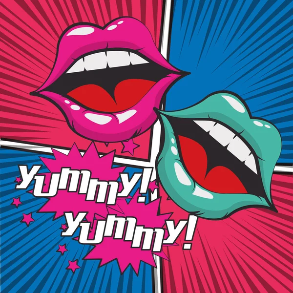 Estilo de arte pop cartel con bocas femeninas — Vector de stock