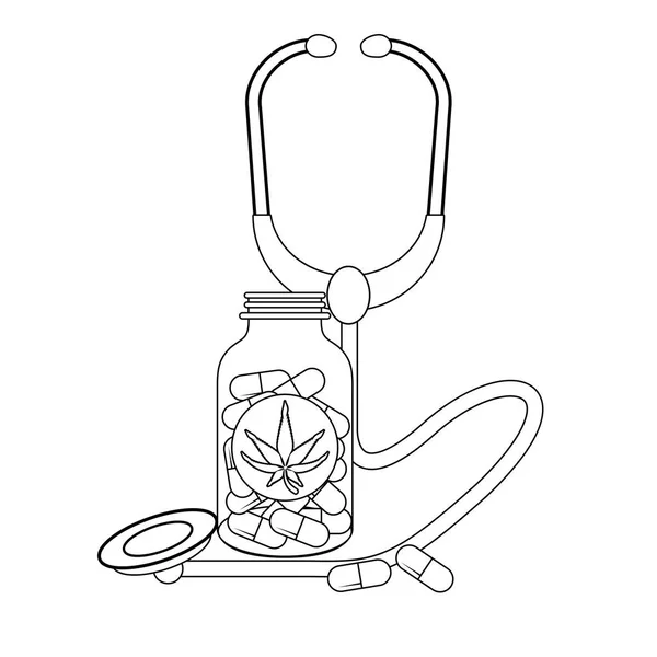 Cannabis martihuana Sativa hennep cartoon in zwart-wit — Stockvector