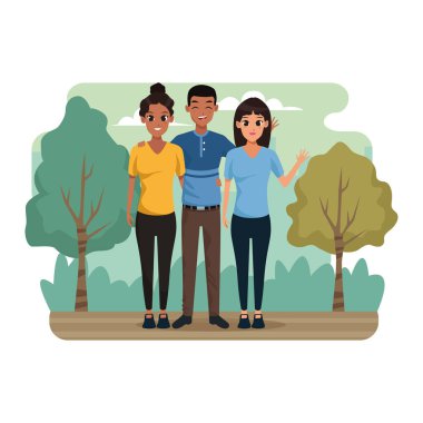 Çizgi filmdeki adam ve kadınlar parkta.