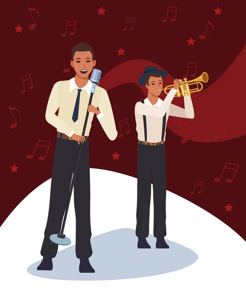 Cantante de dibujos animados y trompetista, Jazz banda de música de diseño — Vector de stock
