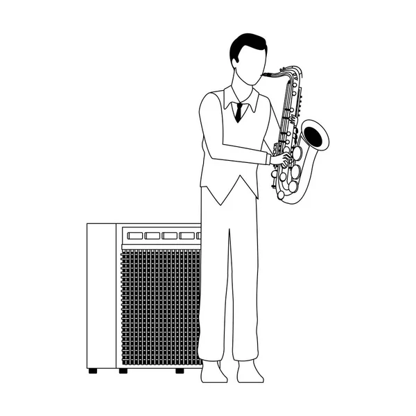 Músico de desenhos animados com ícone saxofone —  Vetores de Stock