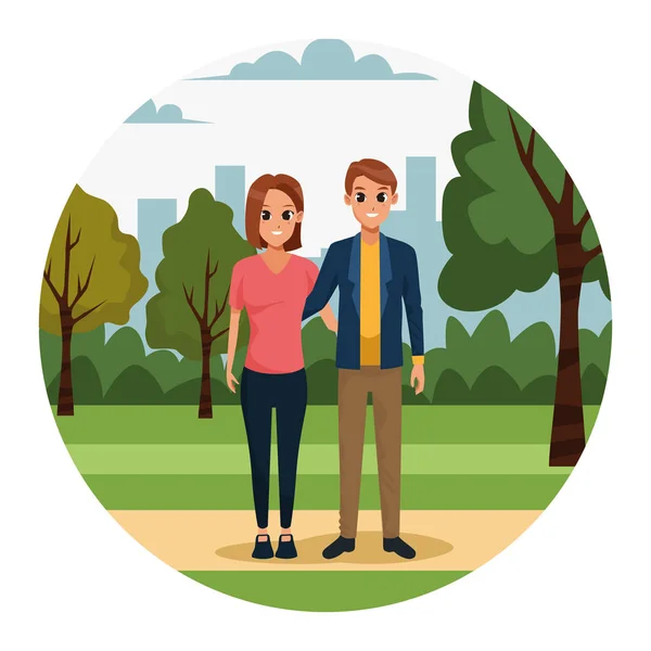 在公园里的年轻夫妇，五彩斑斓的设计 — 图库矢量图片