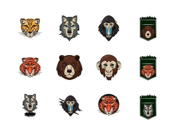 Pacote de emblemas cabeças de animais — Vetor de Stock