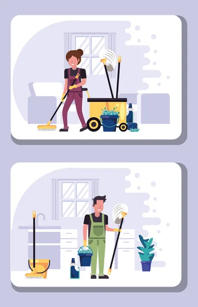 Couple de travailleurs dans le ménage avec de l'équipement — Image vectorielle