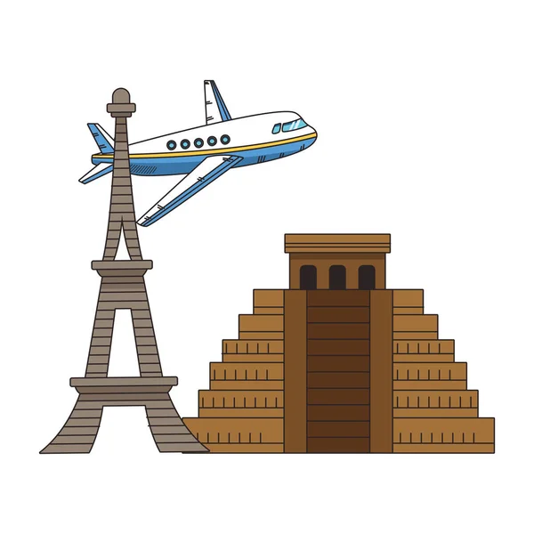 Monumentos icónicos y diseño del avión — Vector de stock