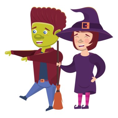 Cadı kostümlü çift ve Frankenstein karakterleri