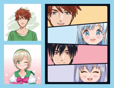 group of faces young people anime style characters