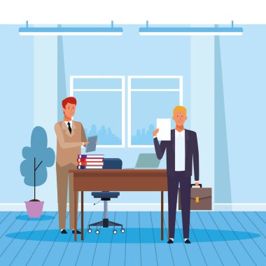 Ofiste çalışan iki işadamı, renkli tasarım.