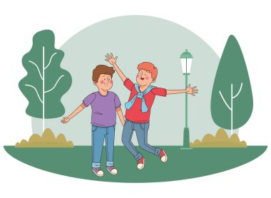 Gençler arkadaşlar gülümseyen ve eğlenceli karikatür sahip