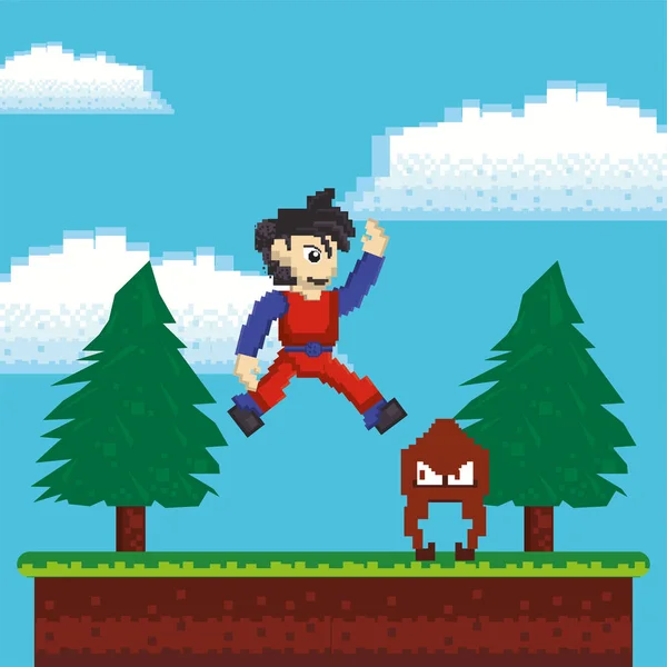 Воин компьютерных игр, прыгающий в пиксельную сцену — стоковый вектор