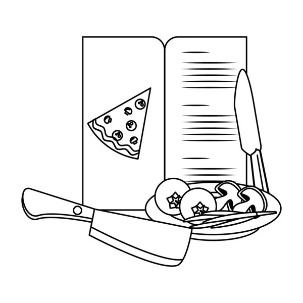 Pizza menu met ingrediënten en messen gebruiksvoorwerpen in zwart-wit — Stockvector