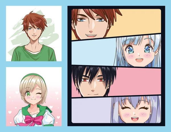 Group of faces young people anime style characters — Stock vektor