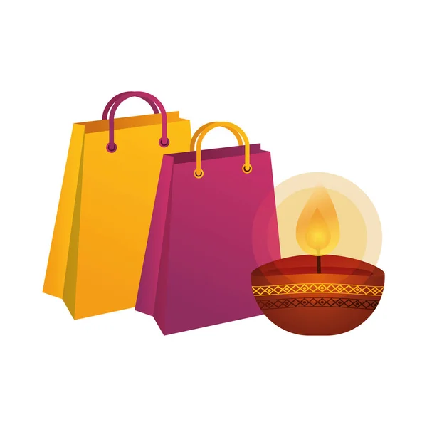 Alışveriş çantalı mutlu diwali mumları — Stok Vektör