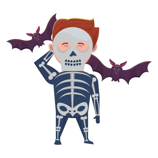 Hombre con traje de cráneo de Halloween y murciélagos — Vector de stock