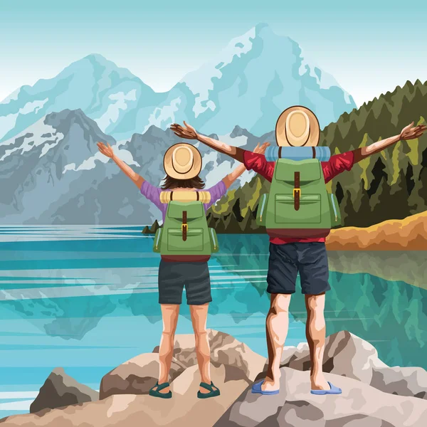 Ταξιδιώτες ζευγάρι με σακίδια και καπέλα με όμορφο φυσικό τοπίο με τη λίμνη και τα βουνά — Διανυσματικό Αρχείο