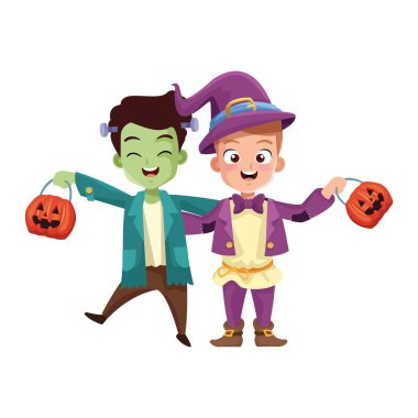 Frankenstein 'lı küçük çocuklar ve sihirbaz kostümleri karakterler