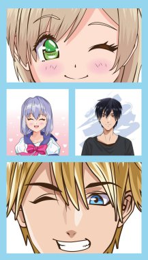 group of faces young people anime style characters