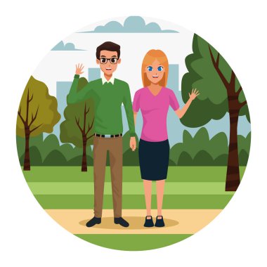 Çizgi film çifti parkta el sallıyor.