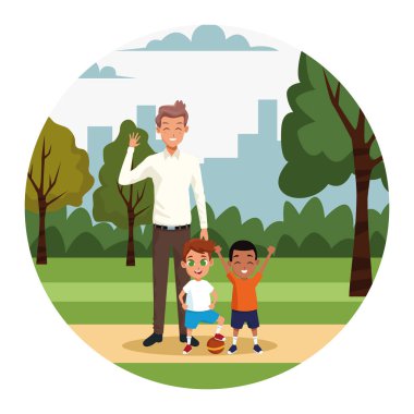 Çizgi film adamı ve küçük çocuklar, renkli tasarım.