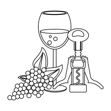 Tirbuşon, üzüm ve şarap şişesi tasarımı.