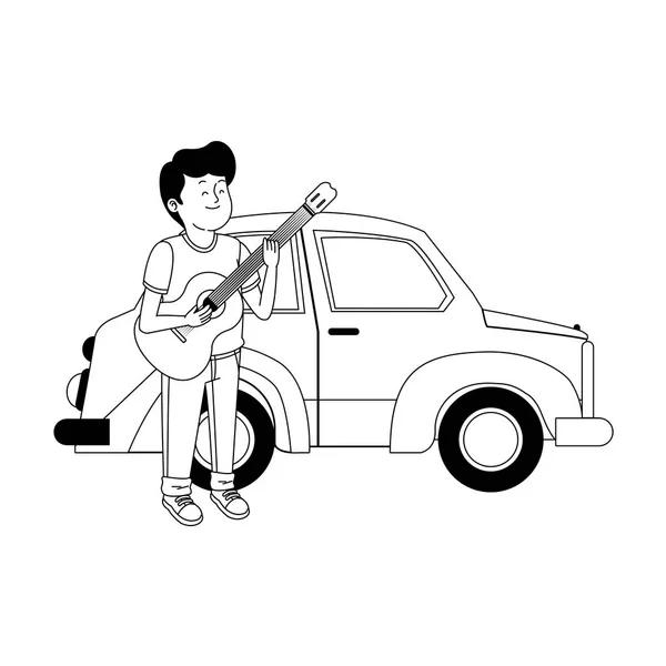 Klasik araba ve gitarlı genç çocuk. — Stok Vektör