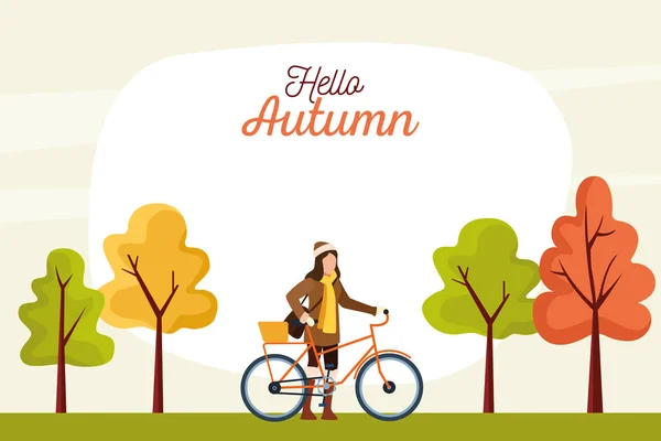 Привіт осінній сезон сцена з дівчиною на велосипеді — стоковий вектор