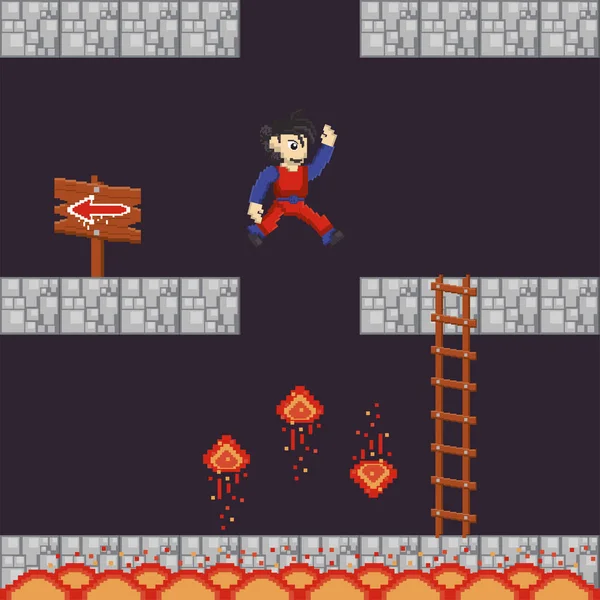 Videospel krigare hoppar i pixelated scen — Stock vektor
