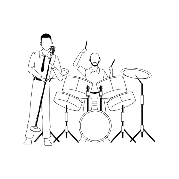 Cantor e músico tocando bateria set, design plano — Vetor de Stock