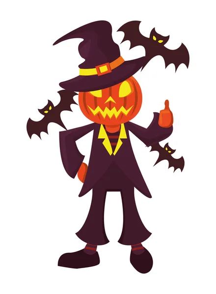 Funny costume of pumpkin with witch hat character — 스톡 벡터