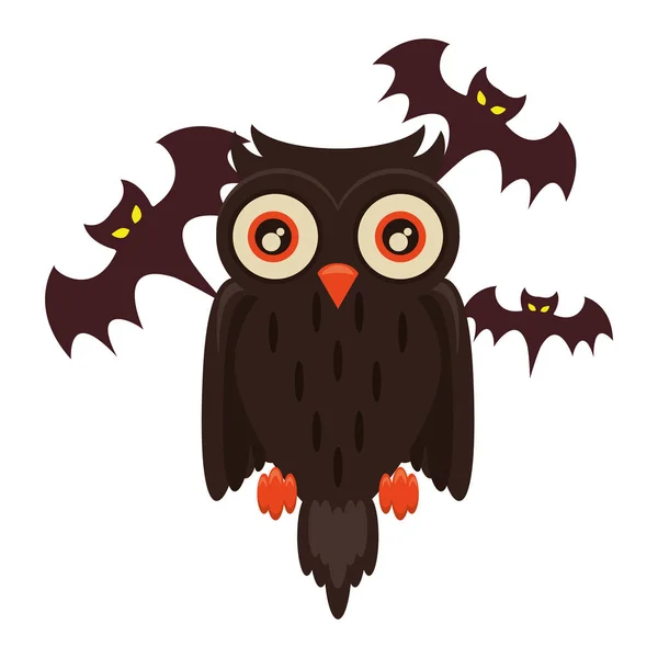Murciélagos de Halloween volando con búho — Vector de stock