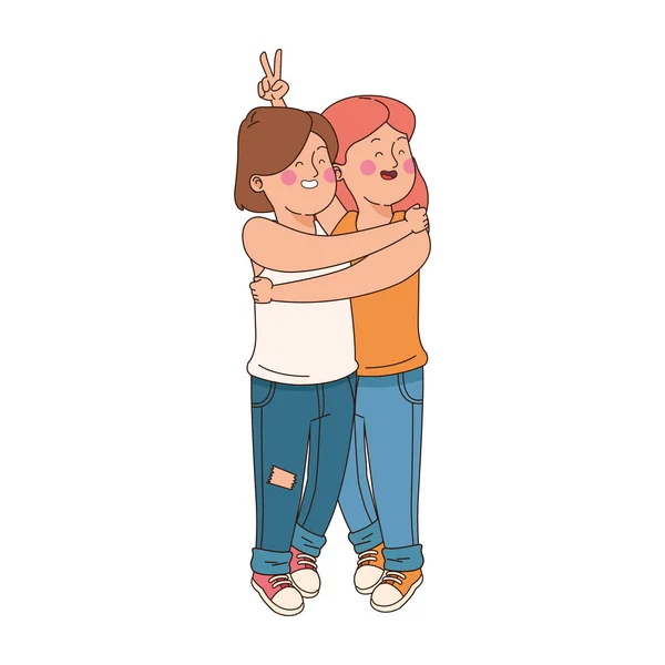 Αγκαλιασμένοι έφηβα κορίτσια κινουμένων σχεδίων, επίπεδη σχεδίαση — Διανυσματικό Αρχείο