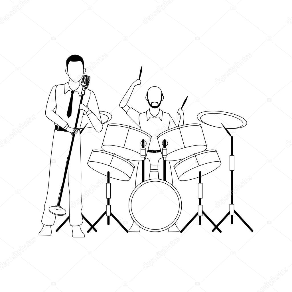 singer and musician playing drums set, flat design