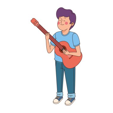 Gitar ikonu olan genç bir çocuk, düz tasarım.