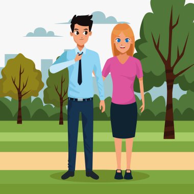 Parktaki çizgi film çifti, renkli tasarım.