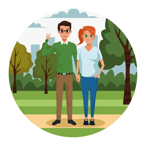 Kreslený šťastný pár v parku — Stockový vektor