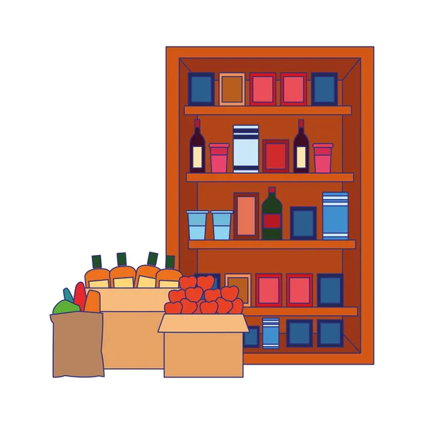 Boxen und Supermarktregale mit Flaschen und Lebensmitteln, flaches Design — Stockvektor