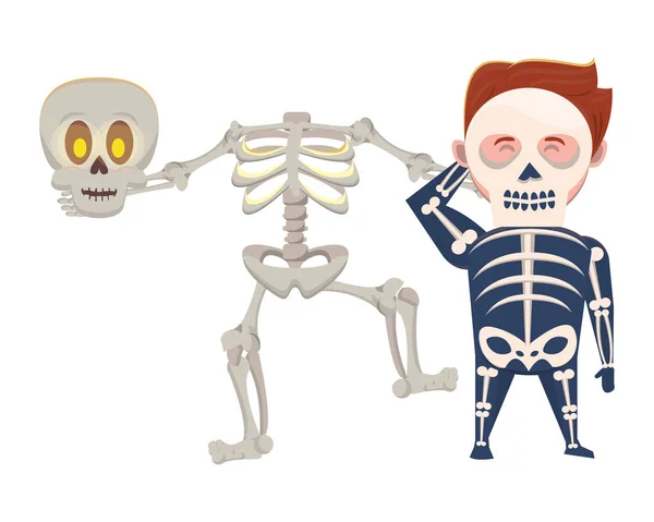 Man with halloween skull costume and skeleton characters — ストックベクタ