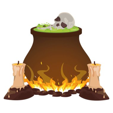 Kafatası ve mumlarla cadılar bayramı cadı kazanı