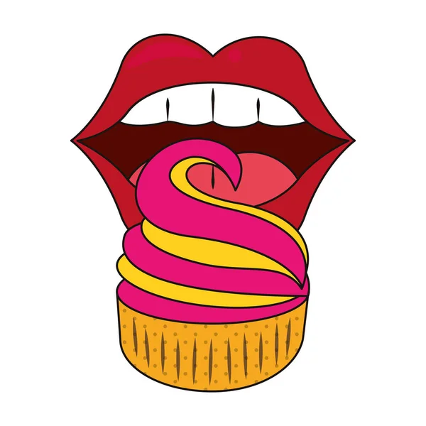 Vrouwelijke lippen en muffin design — Stockvector