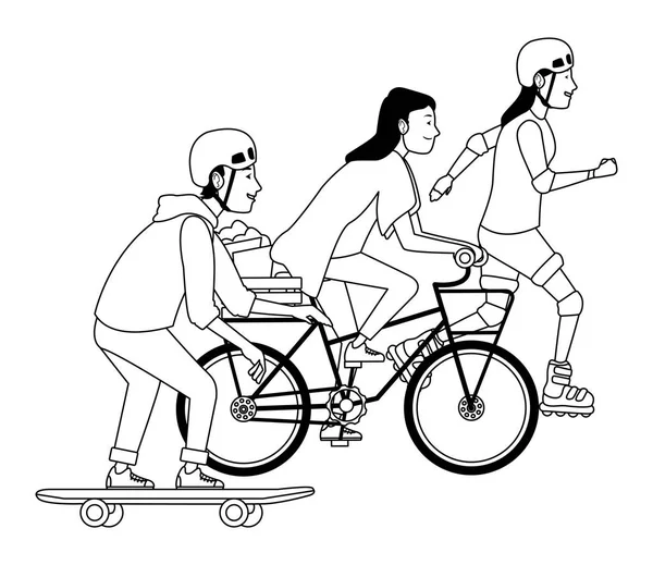 Joven pareja con sakteboard, patines y bicicletas en blanco y negro — Vector de stock
