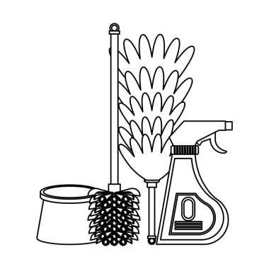 Siyah beyaz temizlik ekipmanları ve ürünleri seti