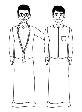 Hintli erkekler siyah beyaz çizgi film karakteri