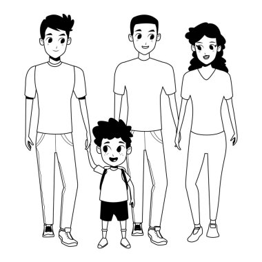 Siyah beyaz çocuklu aile genç ebeveynler karikatür