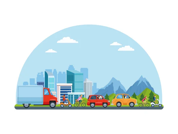 Trasporto urbano e cartoni animati di mobilità — Vettoriale Stock