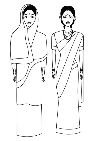 Indická čeleď avatar kreslená postava v černém a bílém — Stockový vektor
