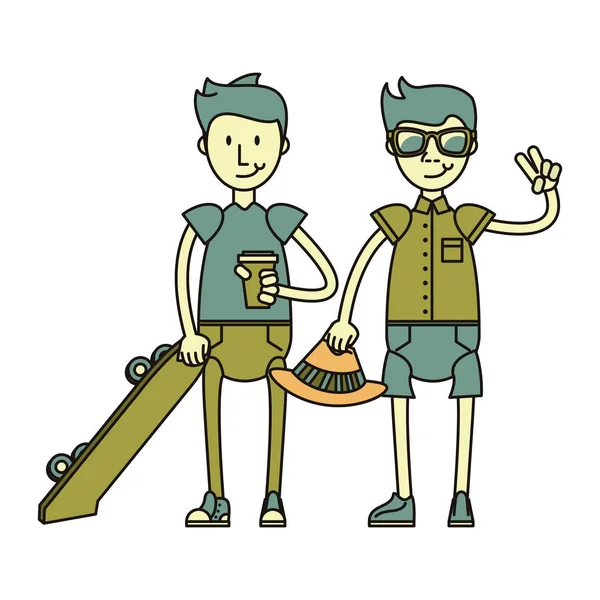 Hipster boys with green skateboards — Stock Vector