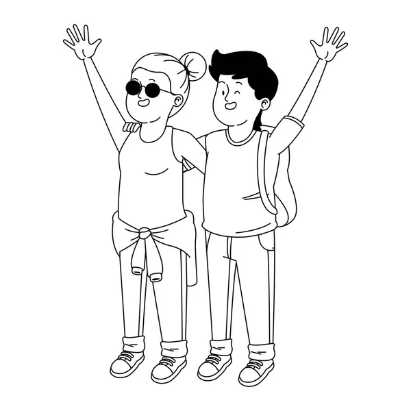 Cartoon teenager girl and boy waving — 스톡 벡터